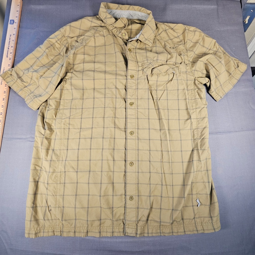 REI Co-op Mens Large Tan Plaid Short‎ Sleeve Hiking Shirt Nylon Blend 892661
